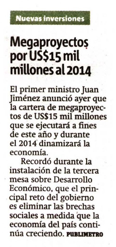 Megaproyectos por US$15 mil millones al 2014