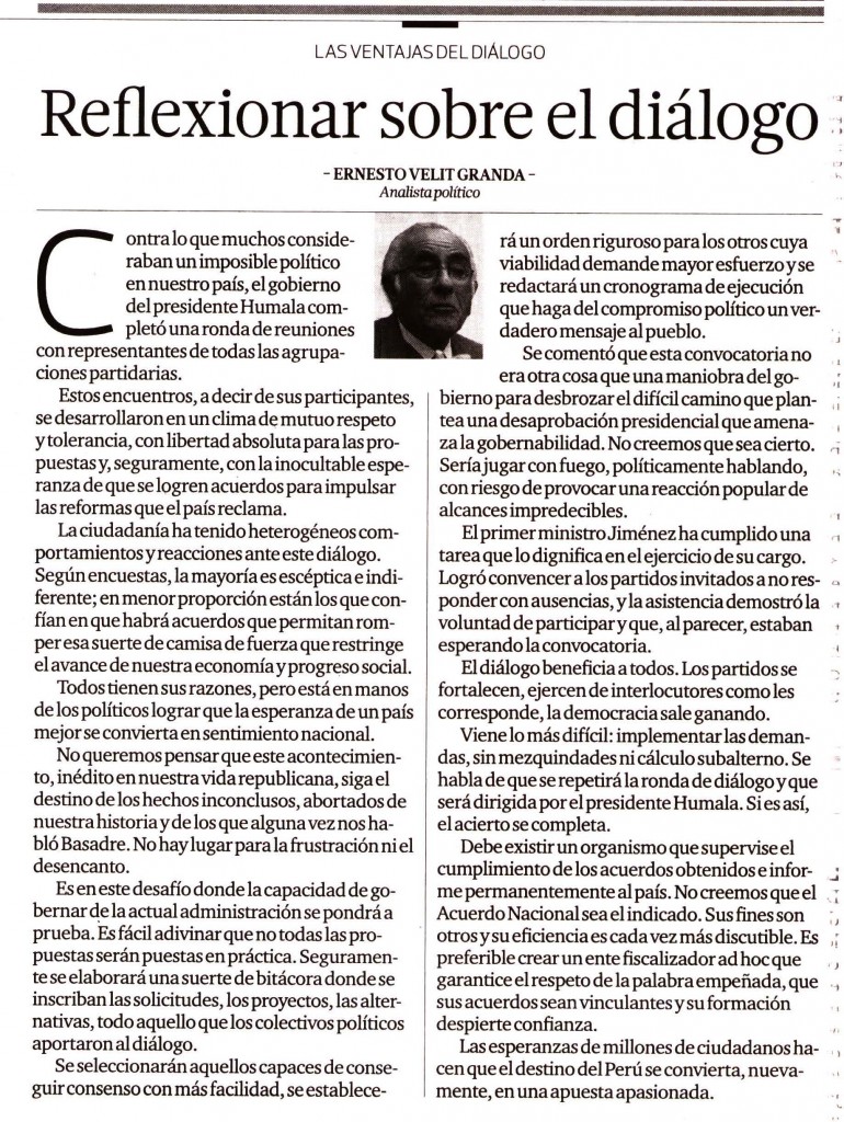 Reflexionar sobre el diálogo (por Ernesto Velit)