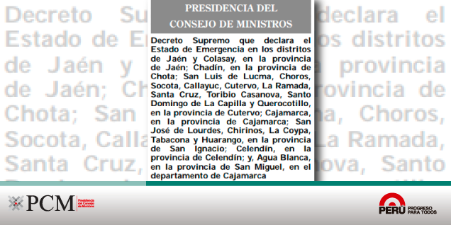 Gobierno declara Estado de Emergencia en 21 distritos de Cajamarca