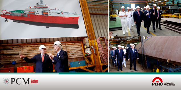 Presidente del Consejo de Ministros y comandante general de la Marina supervisan avance de la construcción del Buque Oceanográfico con Capacidad Polar